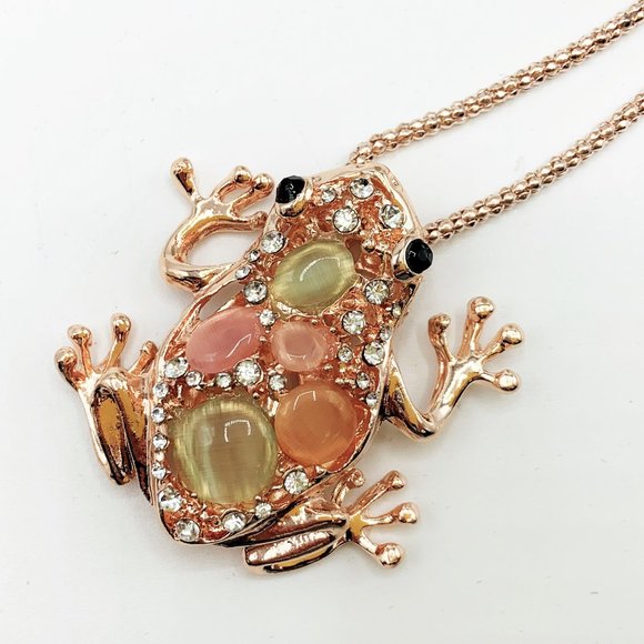 Jewelry - Rhinestone Frog Pendant Rose Gold-tone w/ Lucite